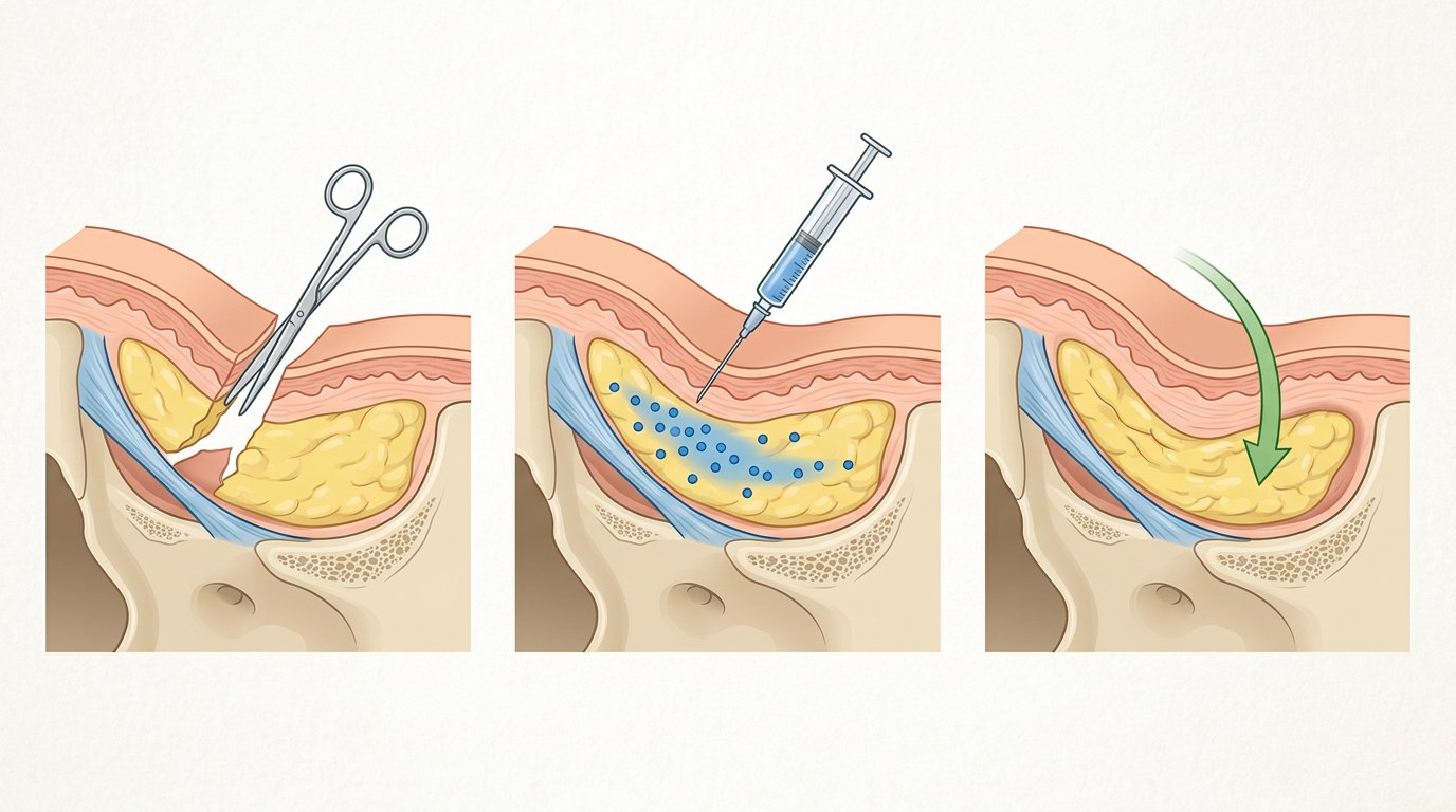 눈밑지방 세 가지 접근 비교 일러스트 — 제거·필러 주입·지방 재배치